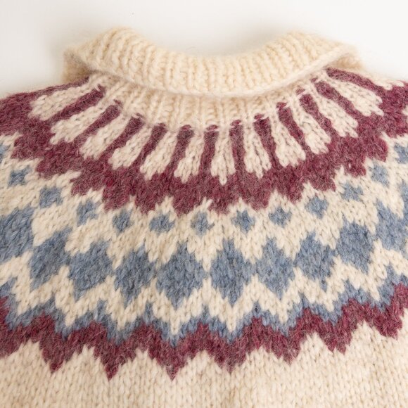 Vintage Fair Isle Sweater Wool Handknitted Nordic Full Zip Cream Blue Purple - Picture 9 of 13
